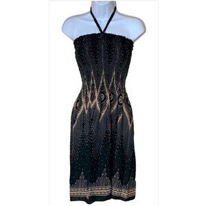 Boho Peacock Print Sundress Swim Beach Coverup Strapless Black OSFM